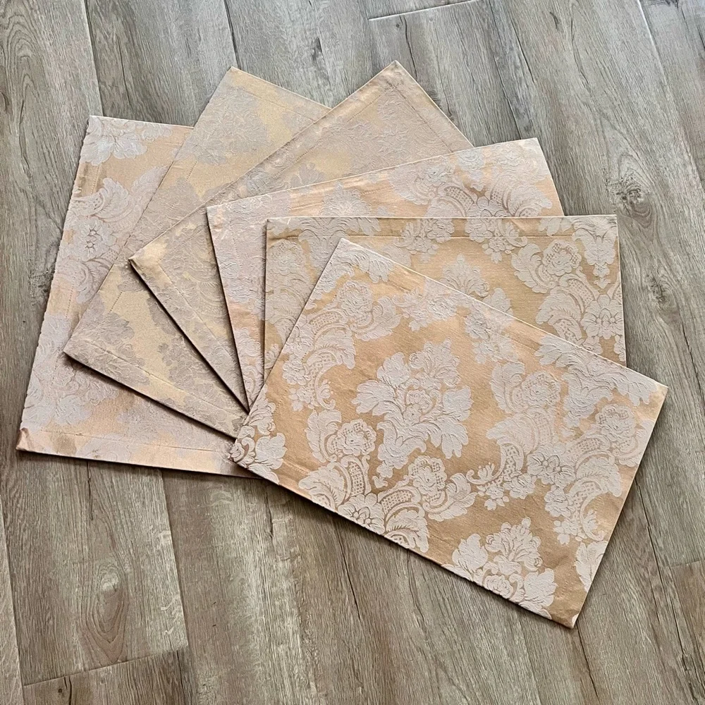 6 PCs Damask‎ Floral Gold Ivory Placemats Rectangle Table Decor 18.5” X  13” Vtg